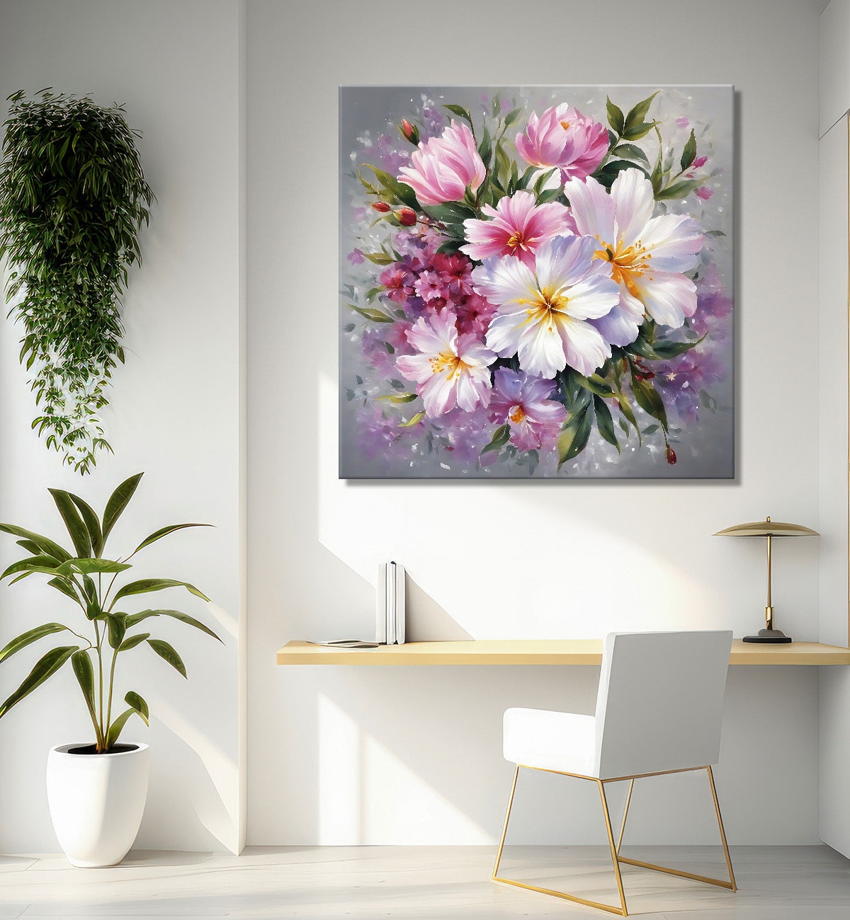 Pink and white flowers in grey textured painting - Flower-S-205