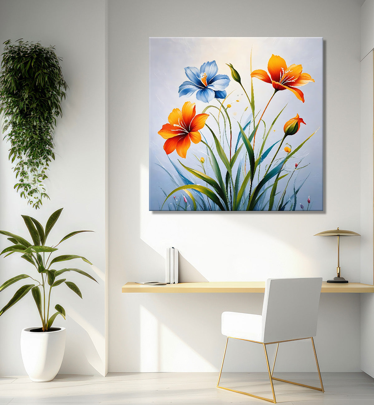Orange and blue flower in grey textured painting - Flower-S-206