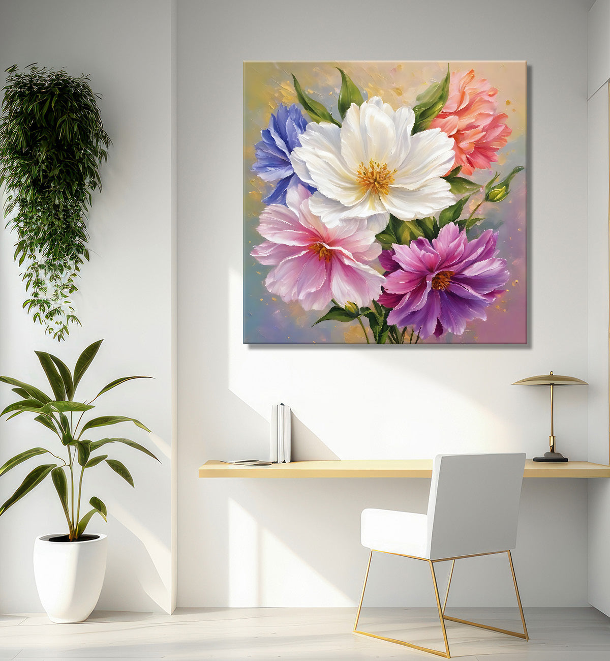 Pink and white flowers in light brown textured art - Flower-S-207