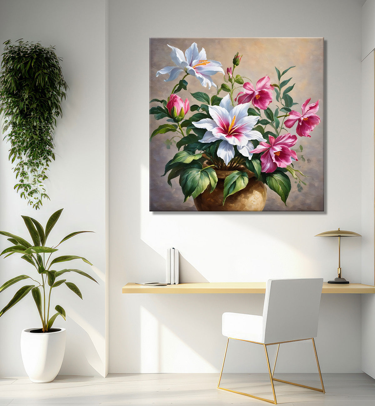 Pink and white flowers in light brown textured art - Flower-S-208