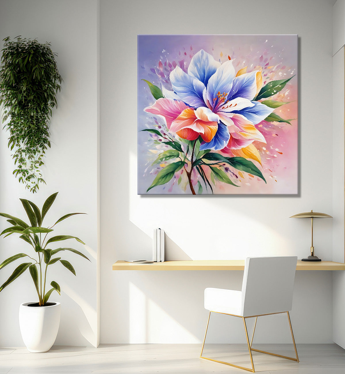 Blue and pink flowers textured painting - Flower-S-211