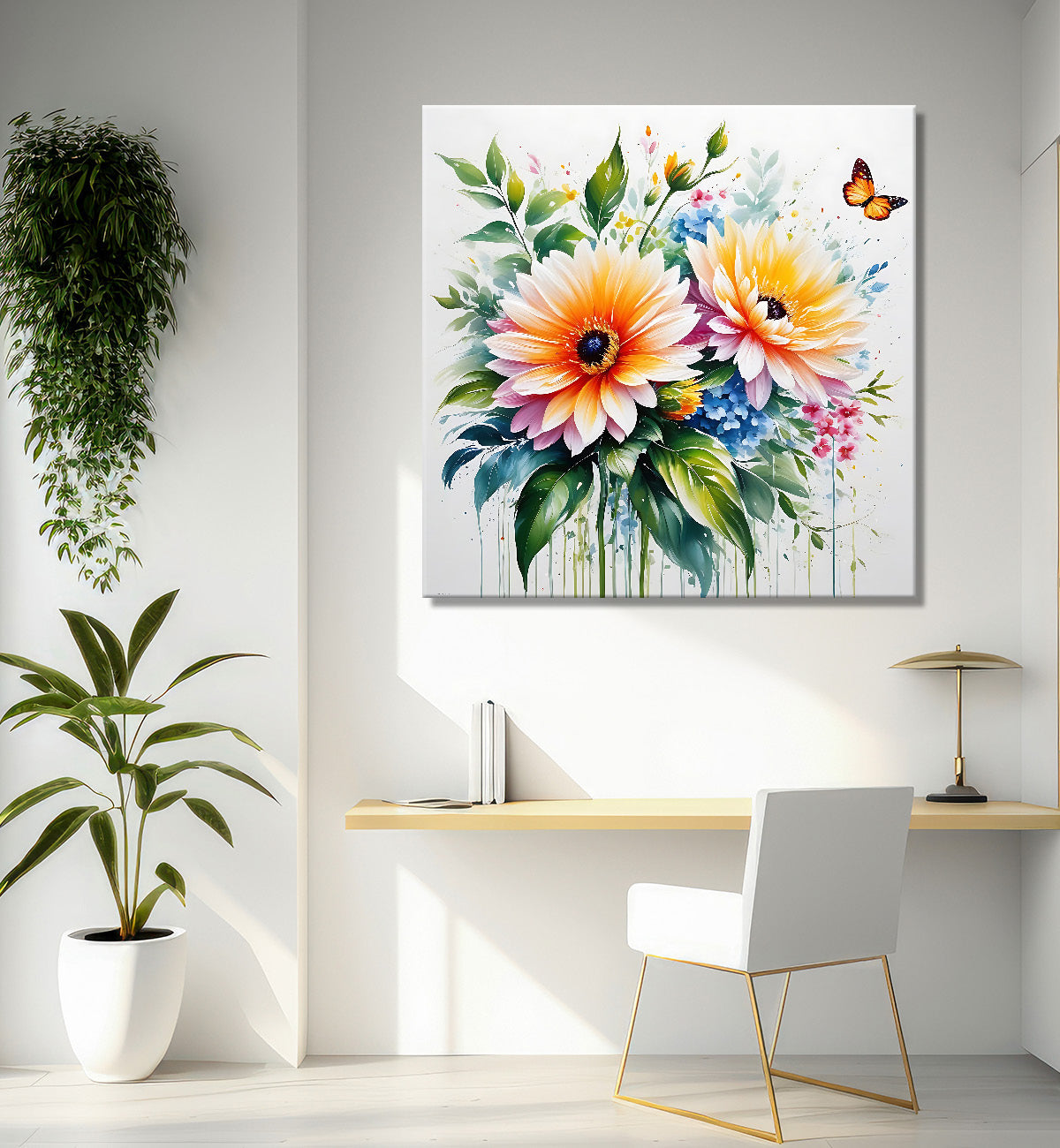 Orange flowers in grey textured painting - Flower-S-212