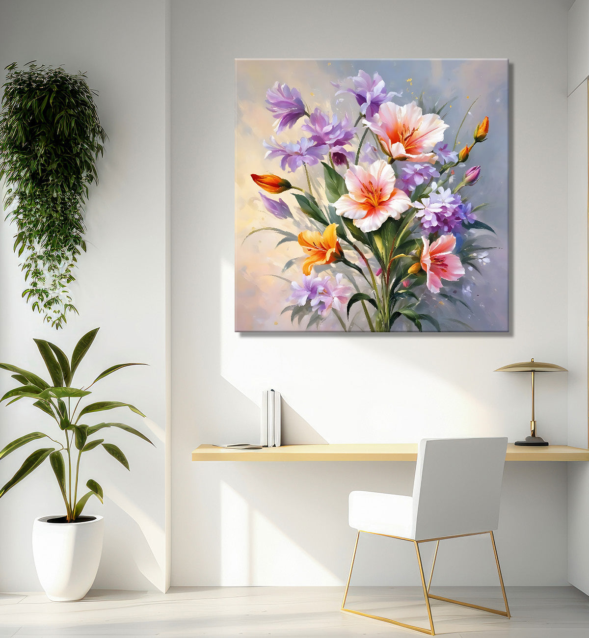 Orange flowers in grey textured painting - Flower-S-213