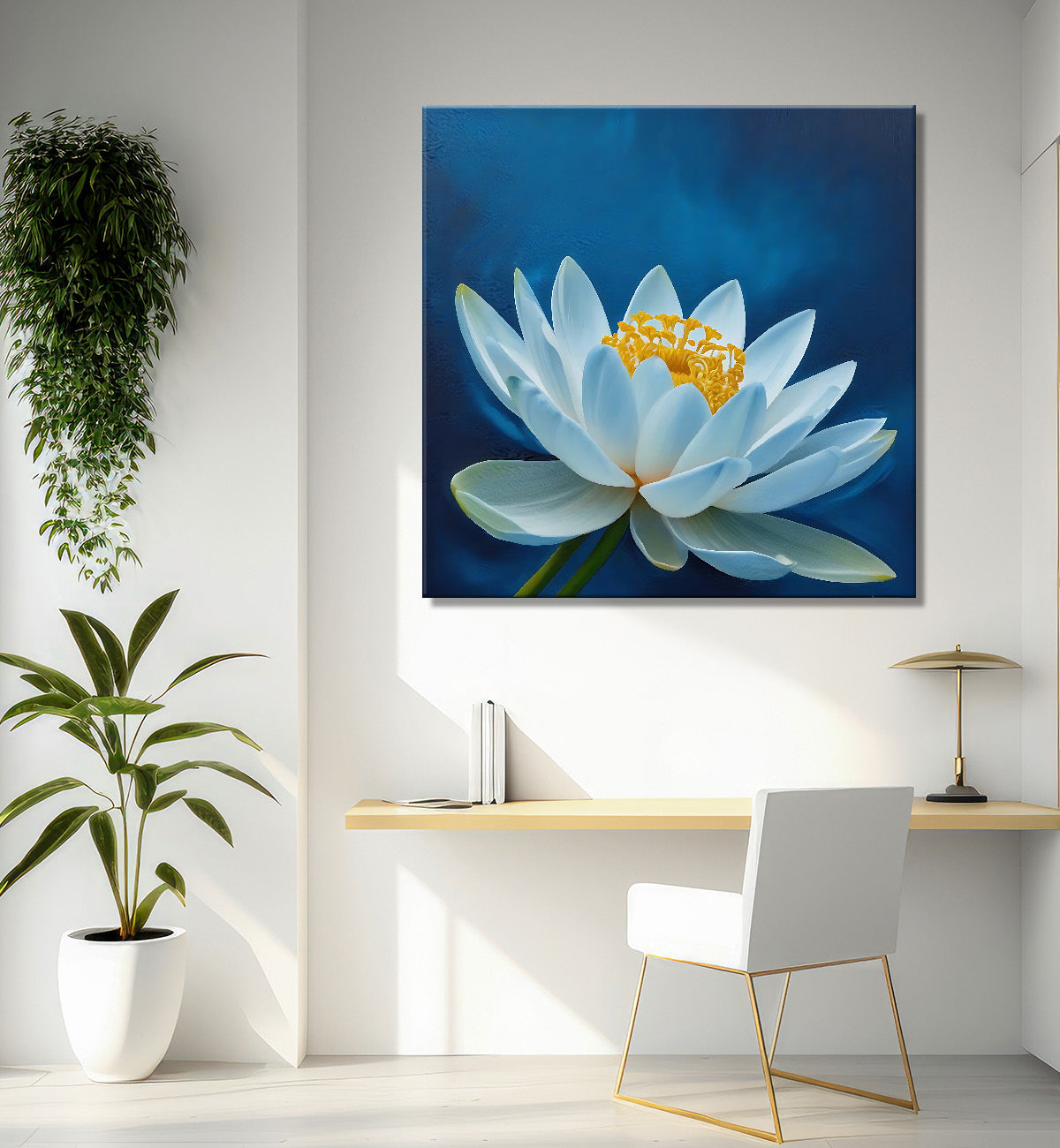 White flower in navy blue textured painting - Flower-S-214