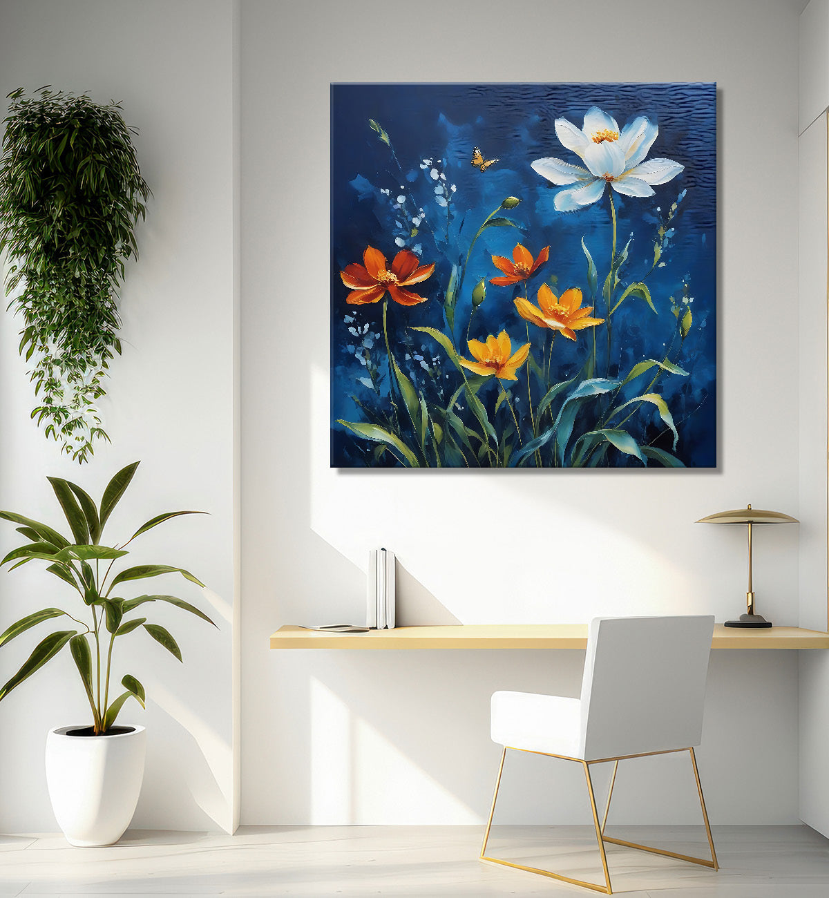 White and orange flowers in navy blue painting - Flower-S-215