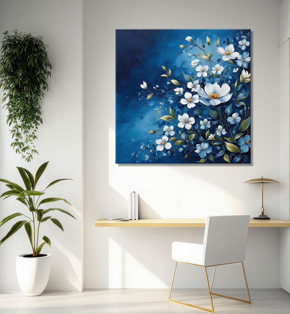 White flowers in navy blue textured painting - Flower-S-216