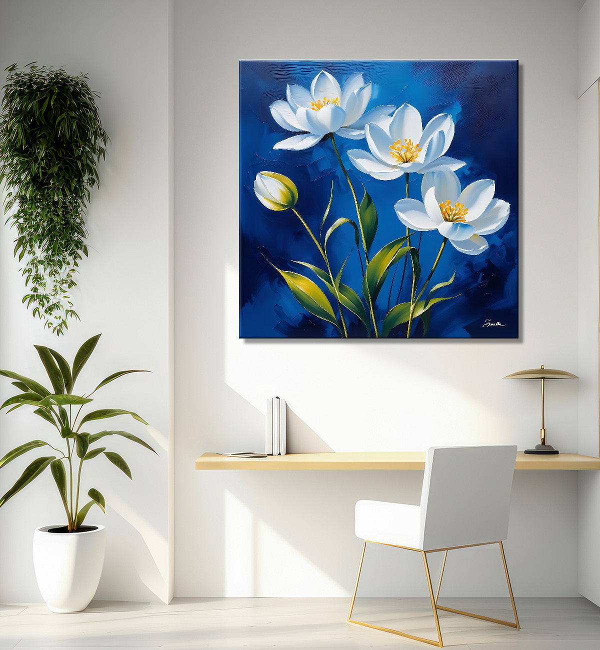 White flowers in navy blue textured painting - Flower-S-218