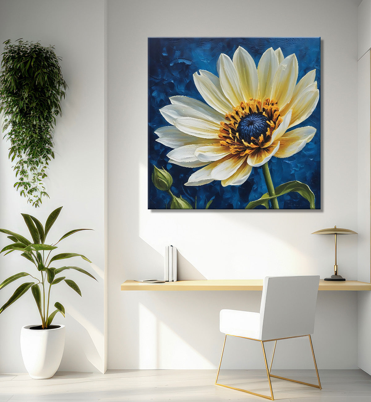 White flower in navy blue textured painting - Flower-S-219
