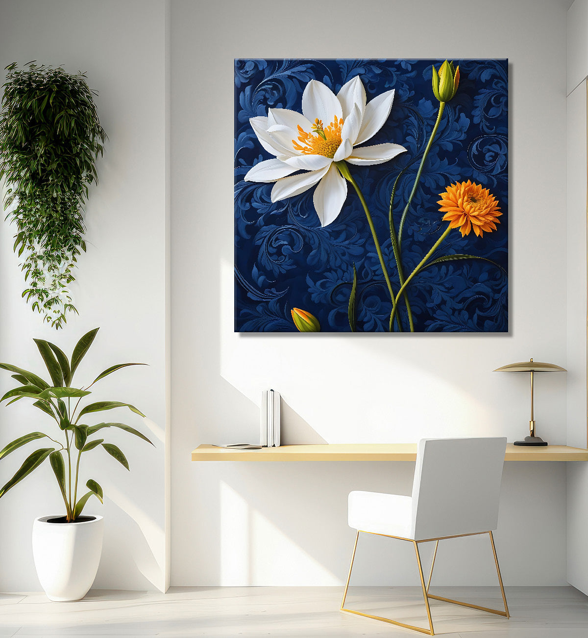 White flower in navy blue textured painting - Flower-S-220