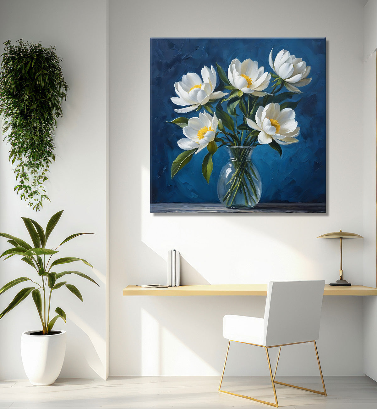 White flowers in navy blue textured painting - Flower-S-221