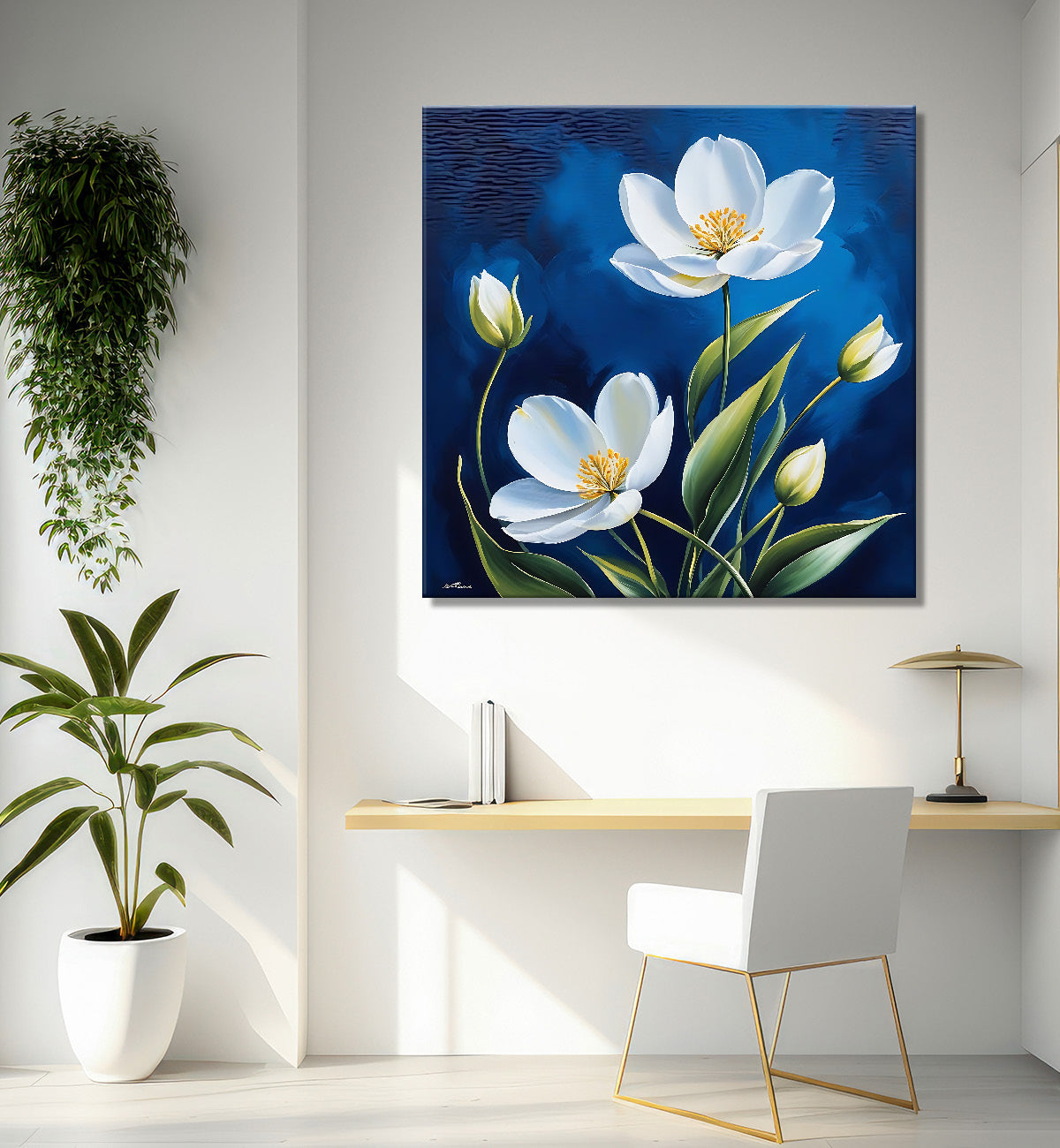 White flowers in navy blue textured painting - Flower-S-222