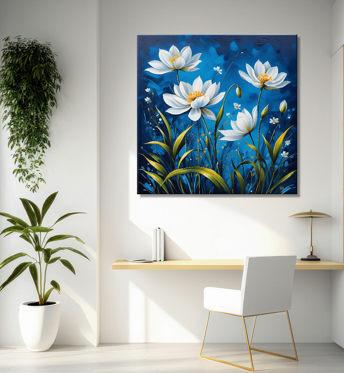White flowers in navy blue textured painting  - Flower-S-223