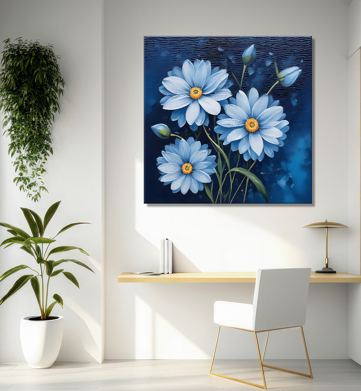 White flowers in navy blue textured painting - Flower-S-224