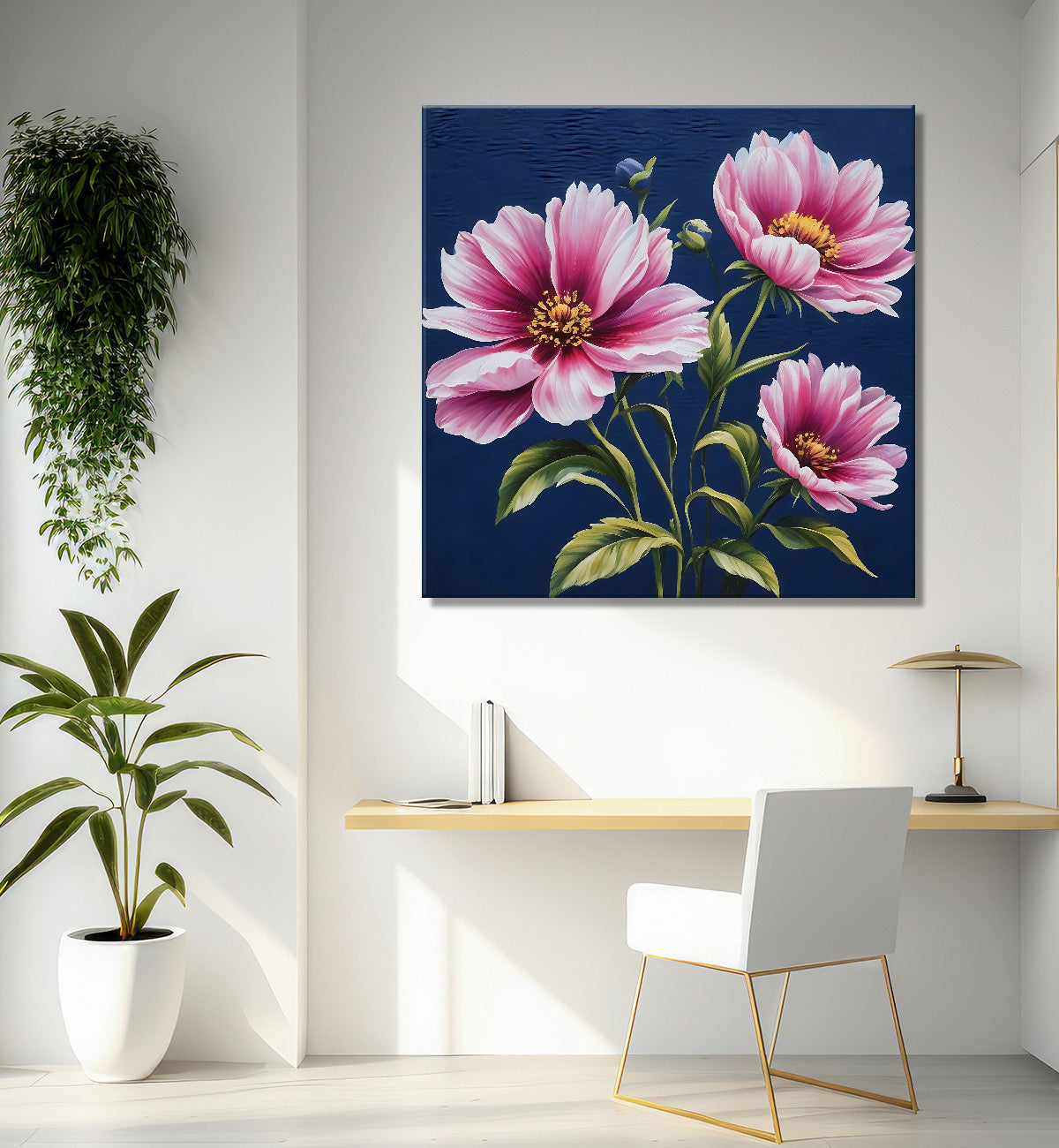 Pink flowers in navy blue textured painting - Flower-S-225