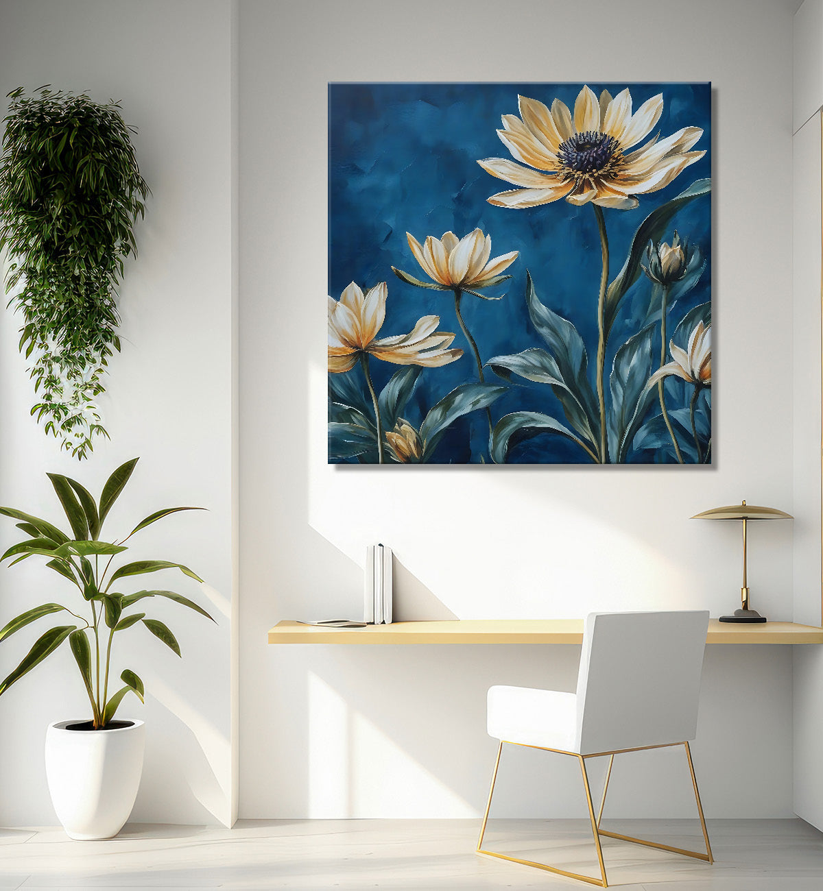 Yellow flowers in navy blue textured painting - Flower-S-226