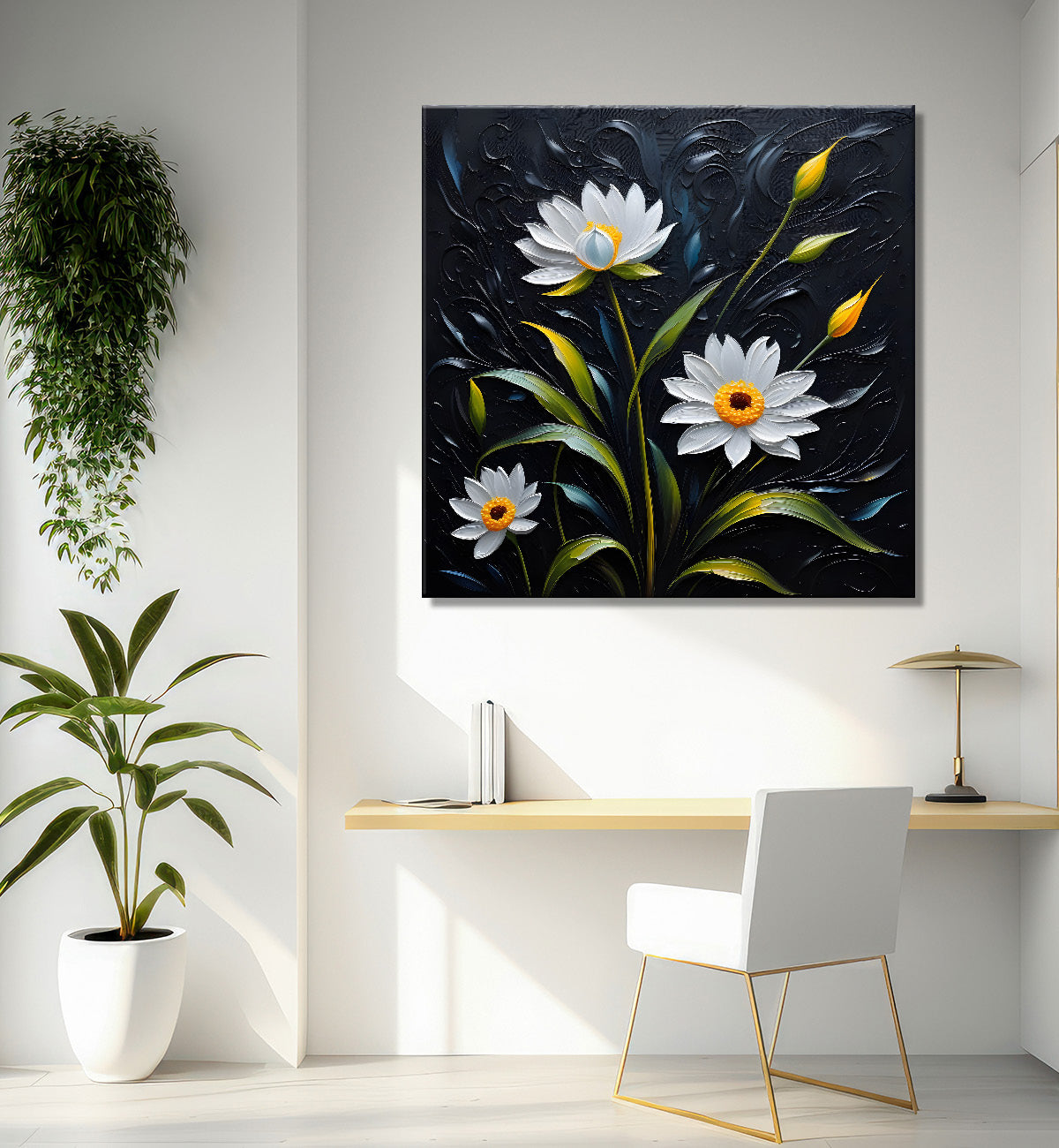 White flowers in navy blue textured painting - Flower-S-227