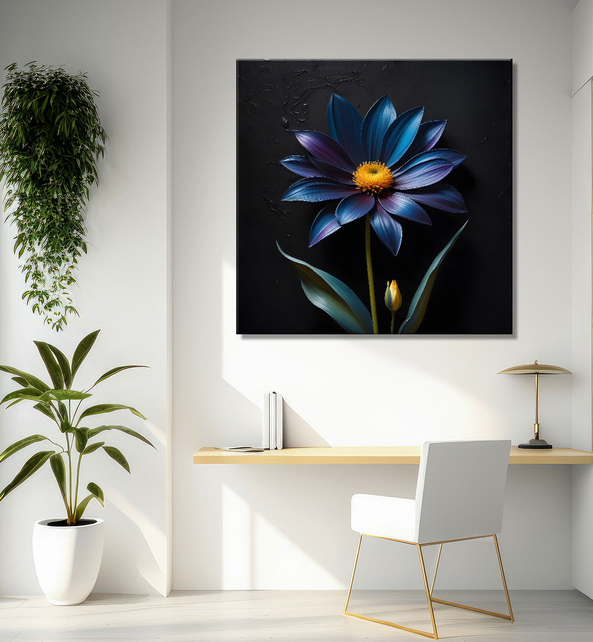 Blue flowers in navy blue textured painting  - Flower-S-228