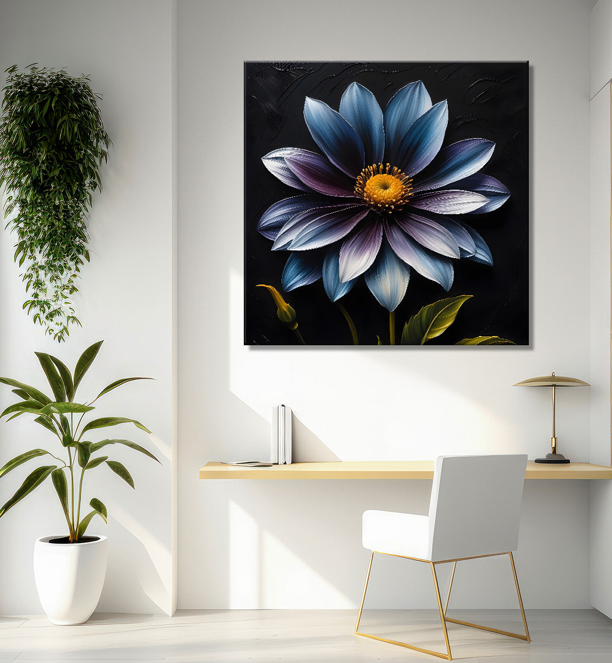 Blue flowers in navy blue textured painting - Flower-S-229