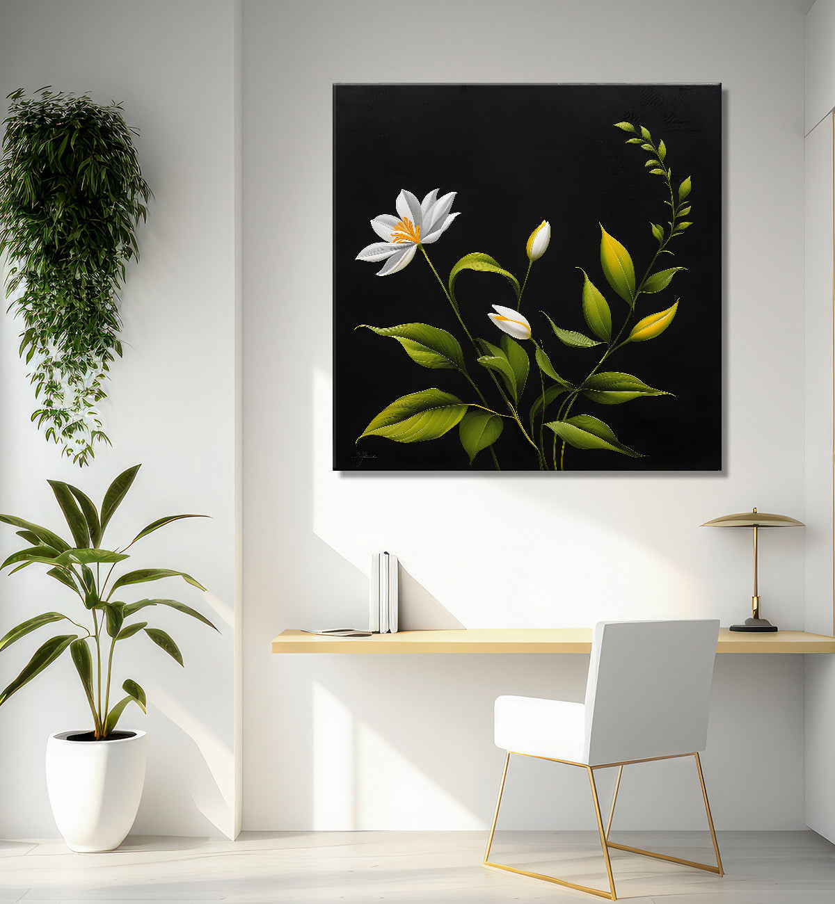 White flowers in black background painting - Flower-S-264