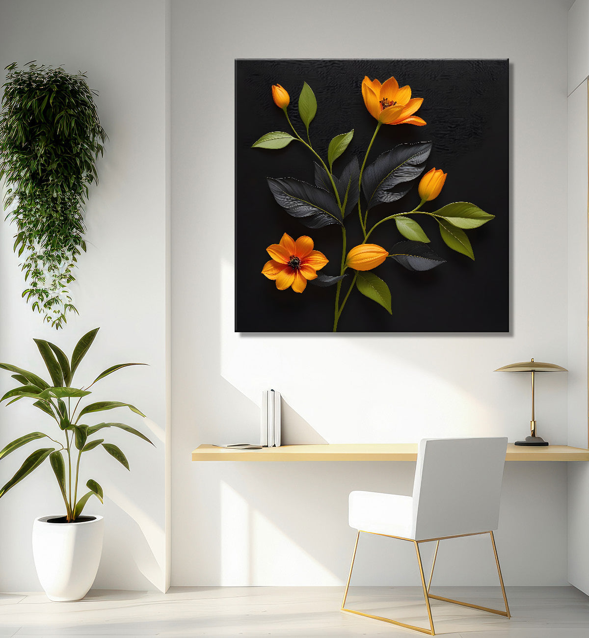 Yellow flowers in black background painting - Flower-S-265