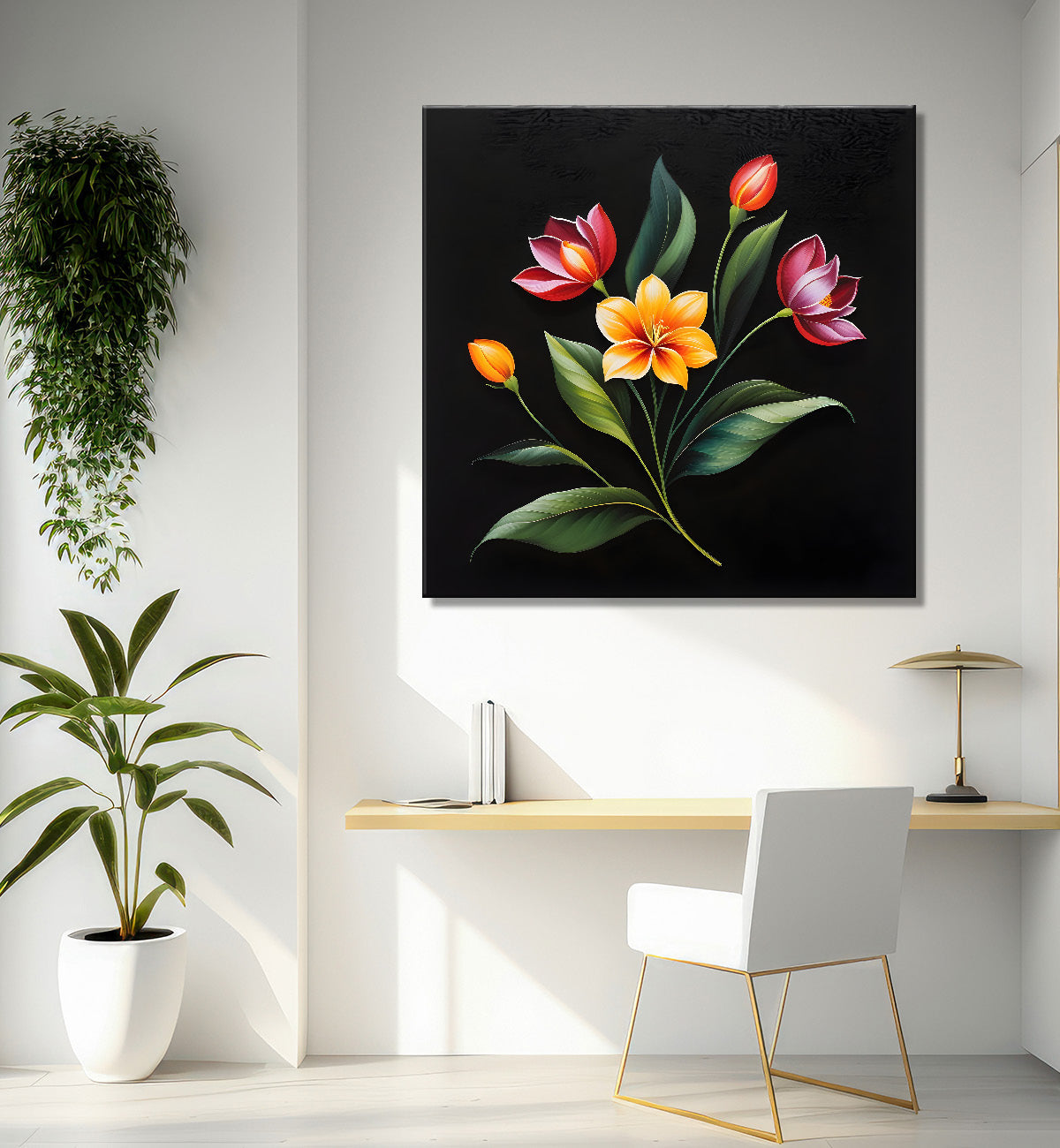Colourful flowers in black background painting - Flower-S-267