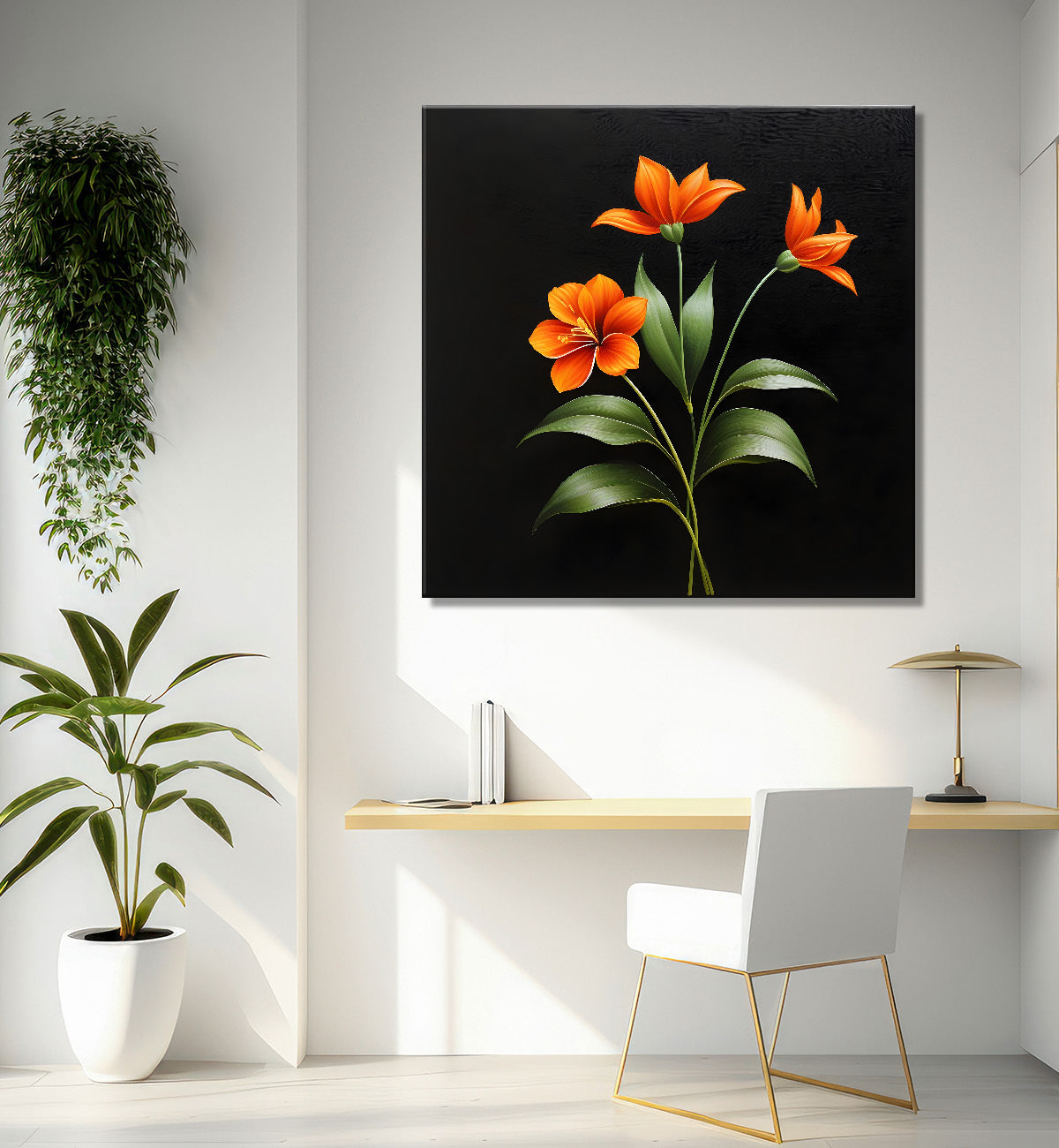 Orange flowers in black background painting - Flower-S-270