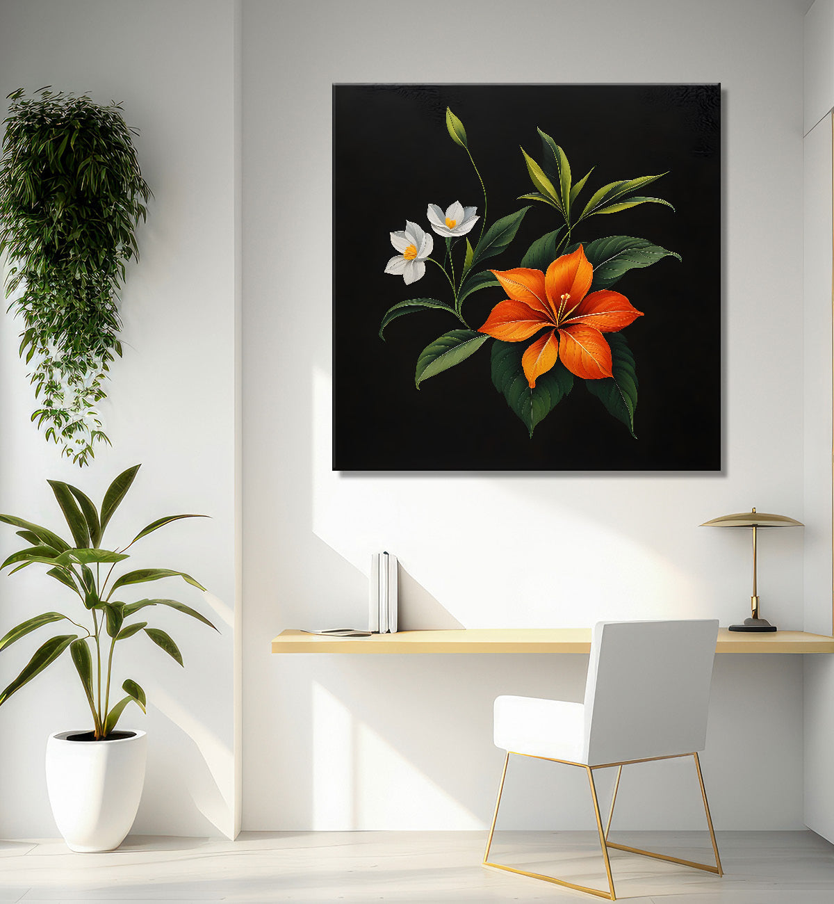 Orange flowers in black background painting - Flower-S-271
