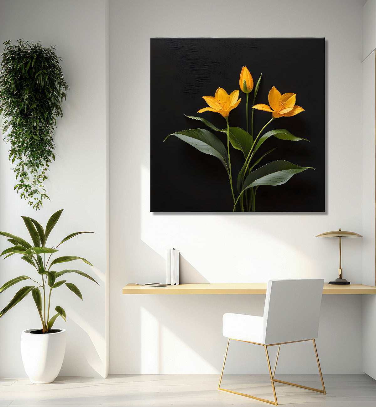 Yellow flowers in black background painting - Flower-S-272