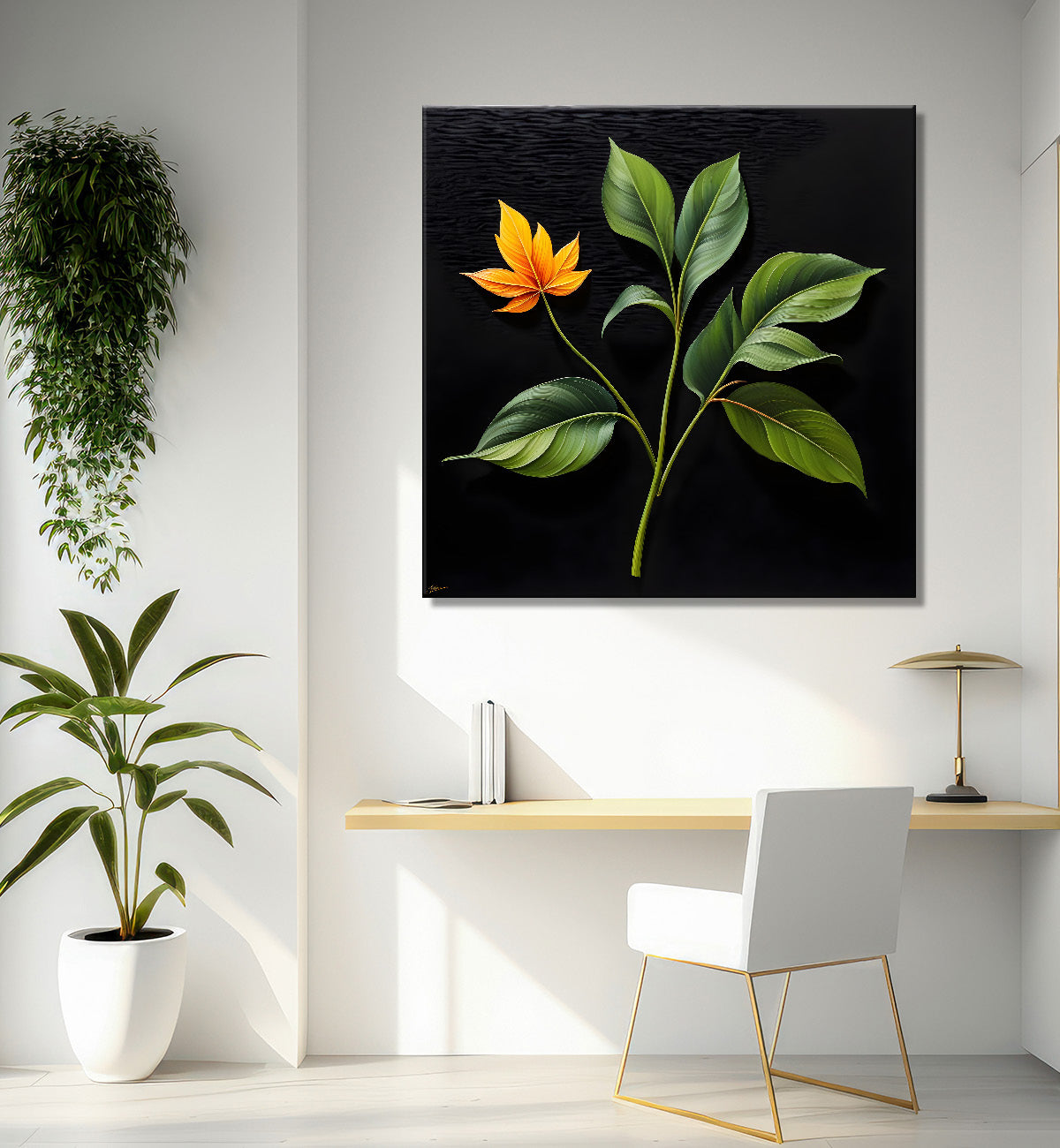 Yellow leaf in black background painting - Flower-S-274