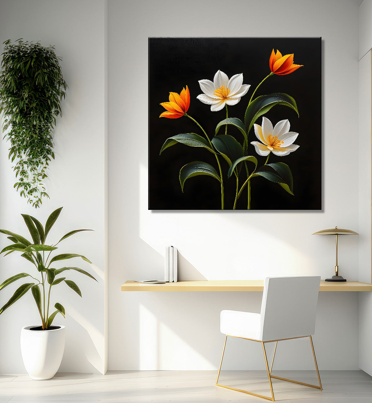 White and orange flowers in black background painting - Flower-S-275