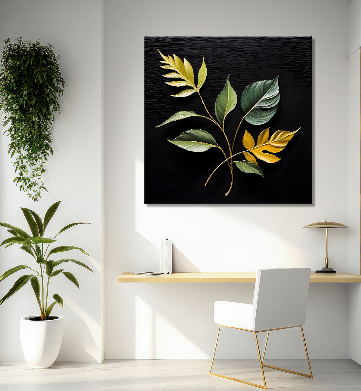 Yellow leaf in black background painting - Flower-S-276