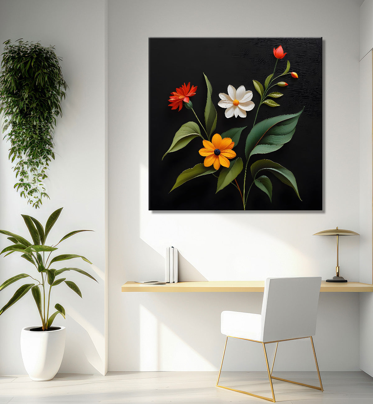 Colourful flowers in black background painting - Flower-S-277
