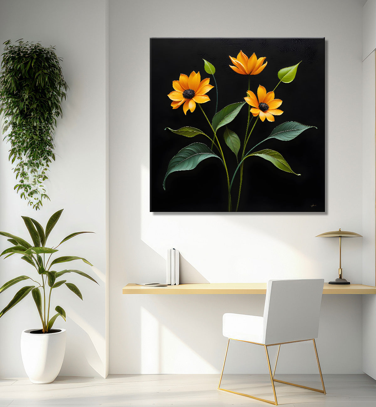Yellow flowers in black background painting - Flower-S-279