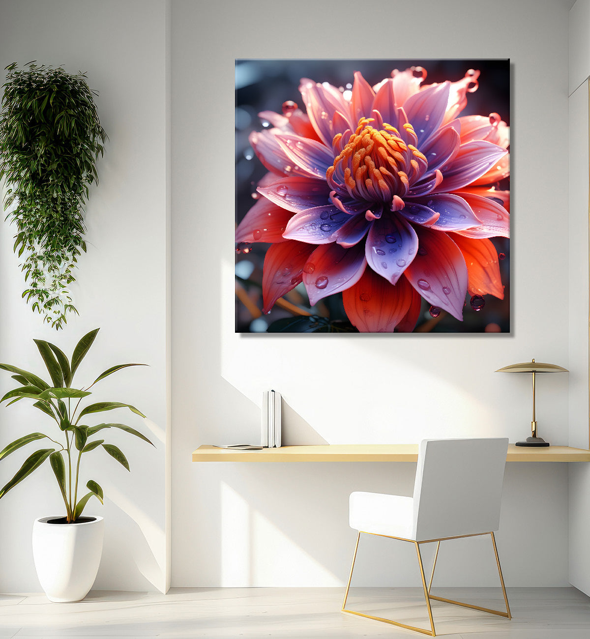 Pink flower in green texture painting - Flower-S-282