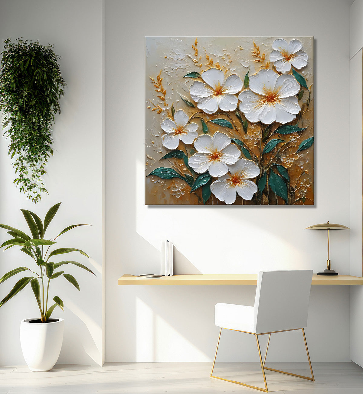 White flowers in light brown background painting - Flower-S-292