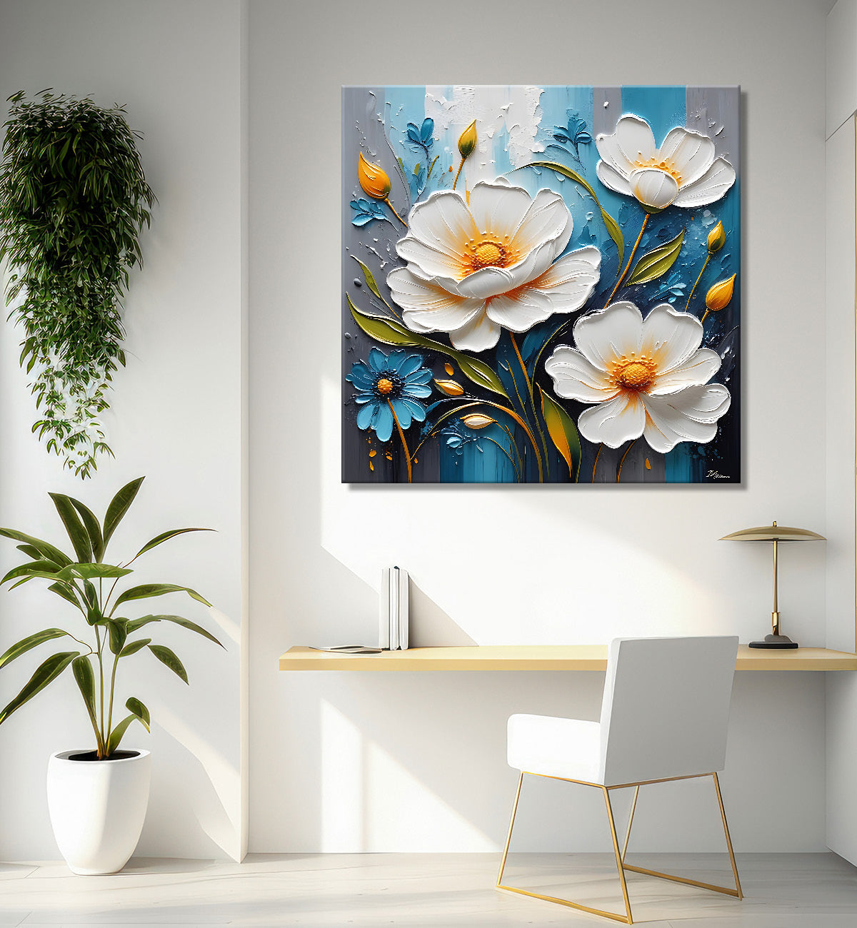 White flowers in light brown background painting - Flower-S-293