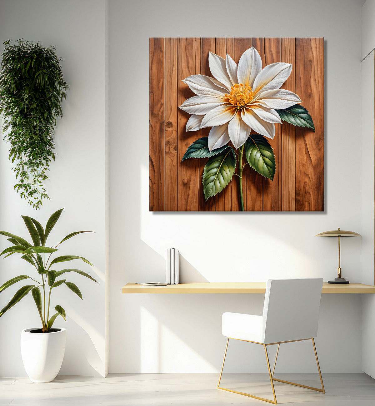 White flower in brown background painting - Flower-S-299