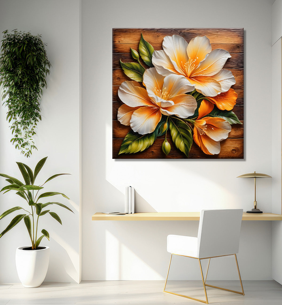 White flower in brown background painting - Flower-S-300