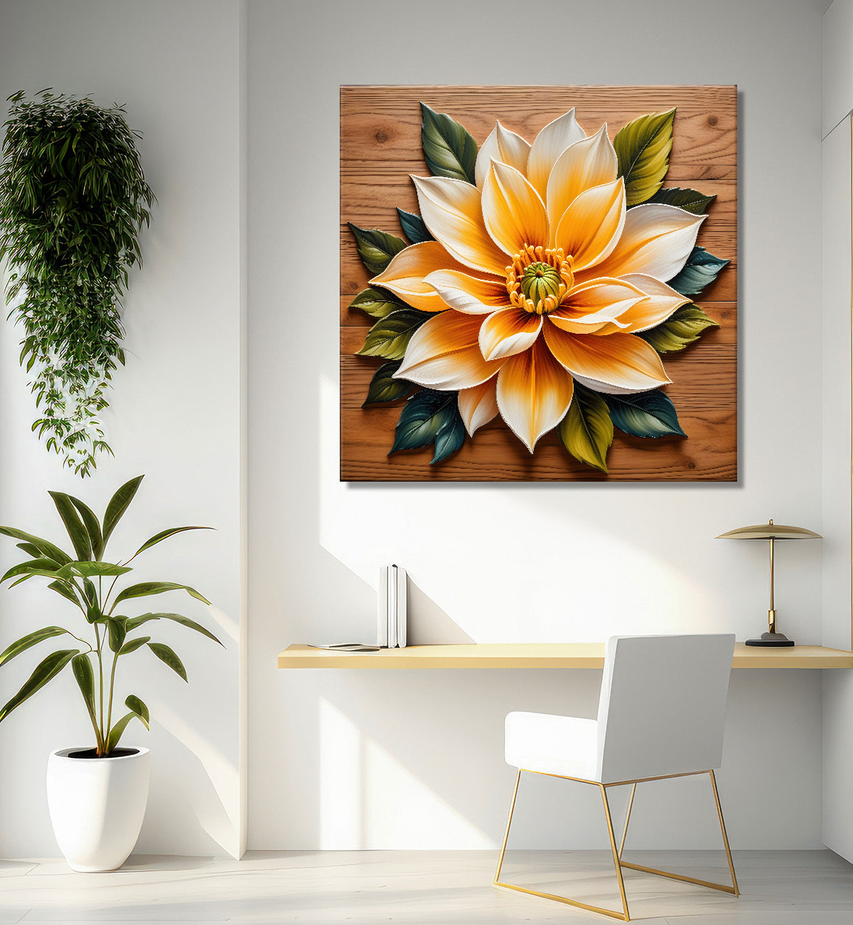 White flower in brown background painting - Flower-S-303