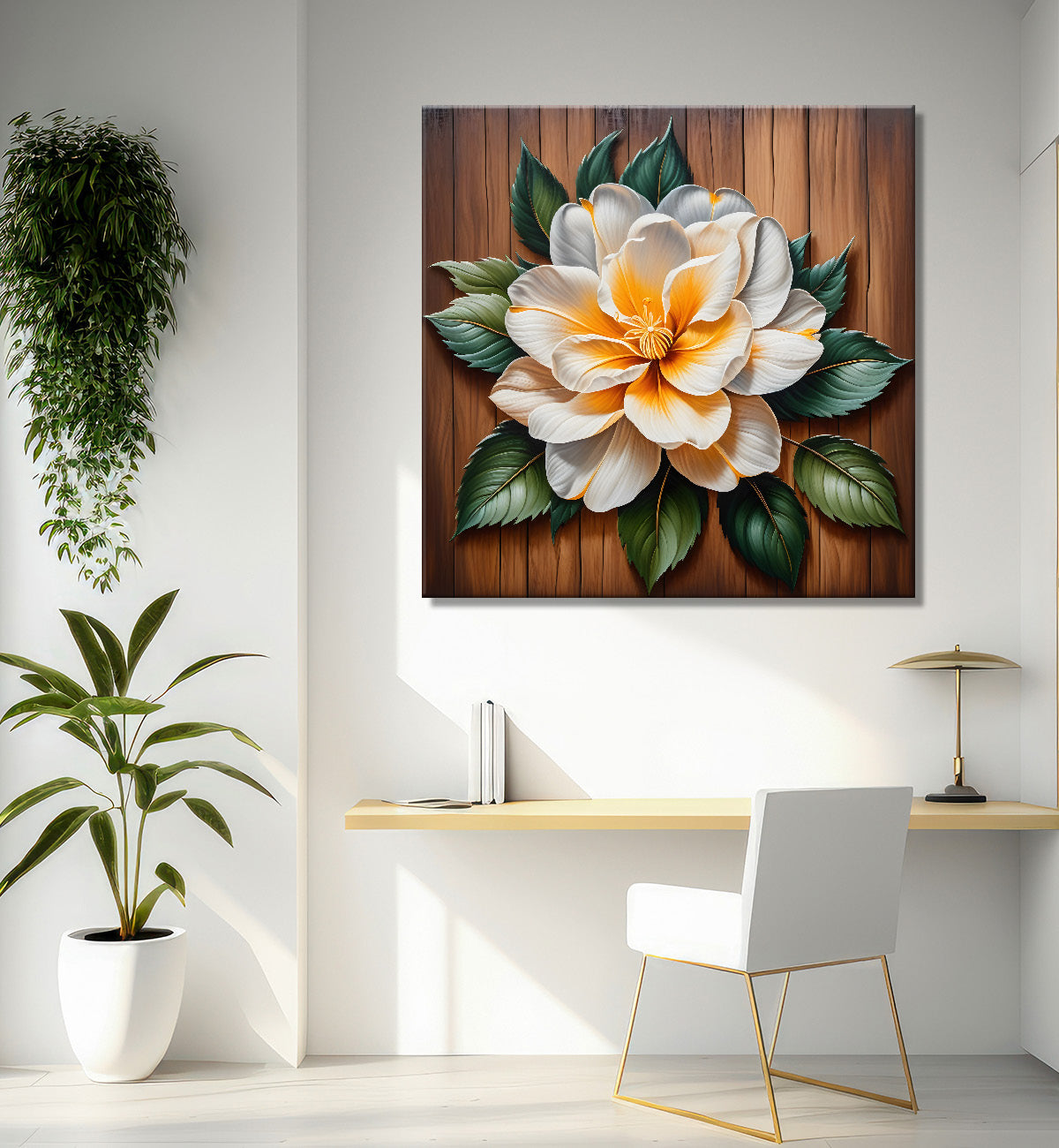 White flower in brown background painting - Flower-S-304