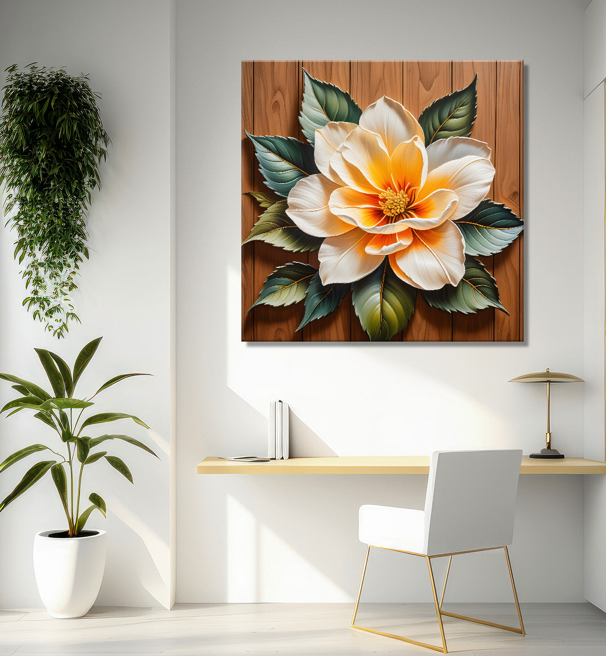 White flower in brown background painting  - Flower-S-307