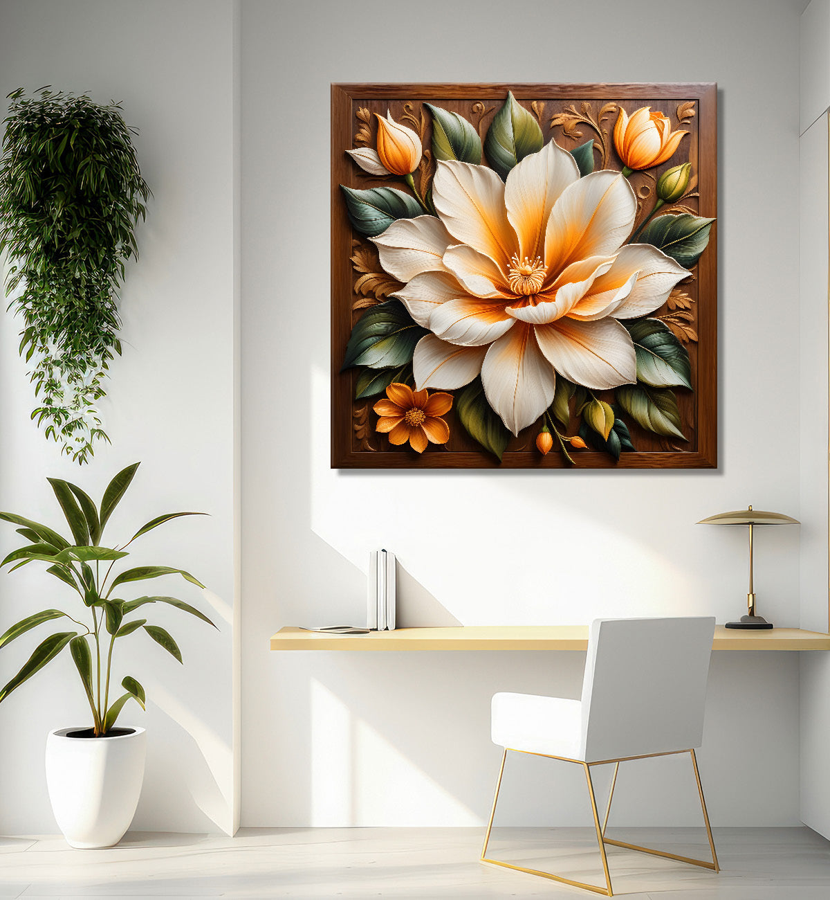 White flower in brown background painting  - Flower-S-308