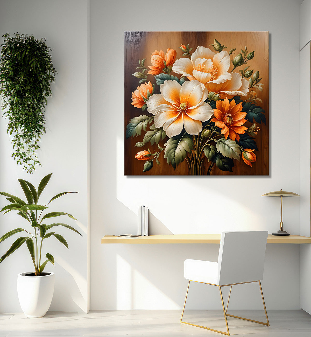 White and orange flower in brown background painting - Flower-S-309