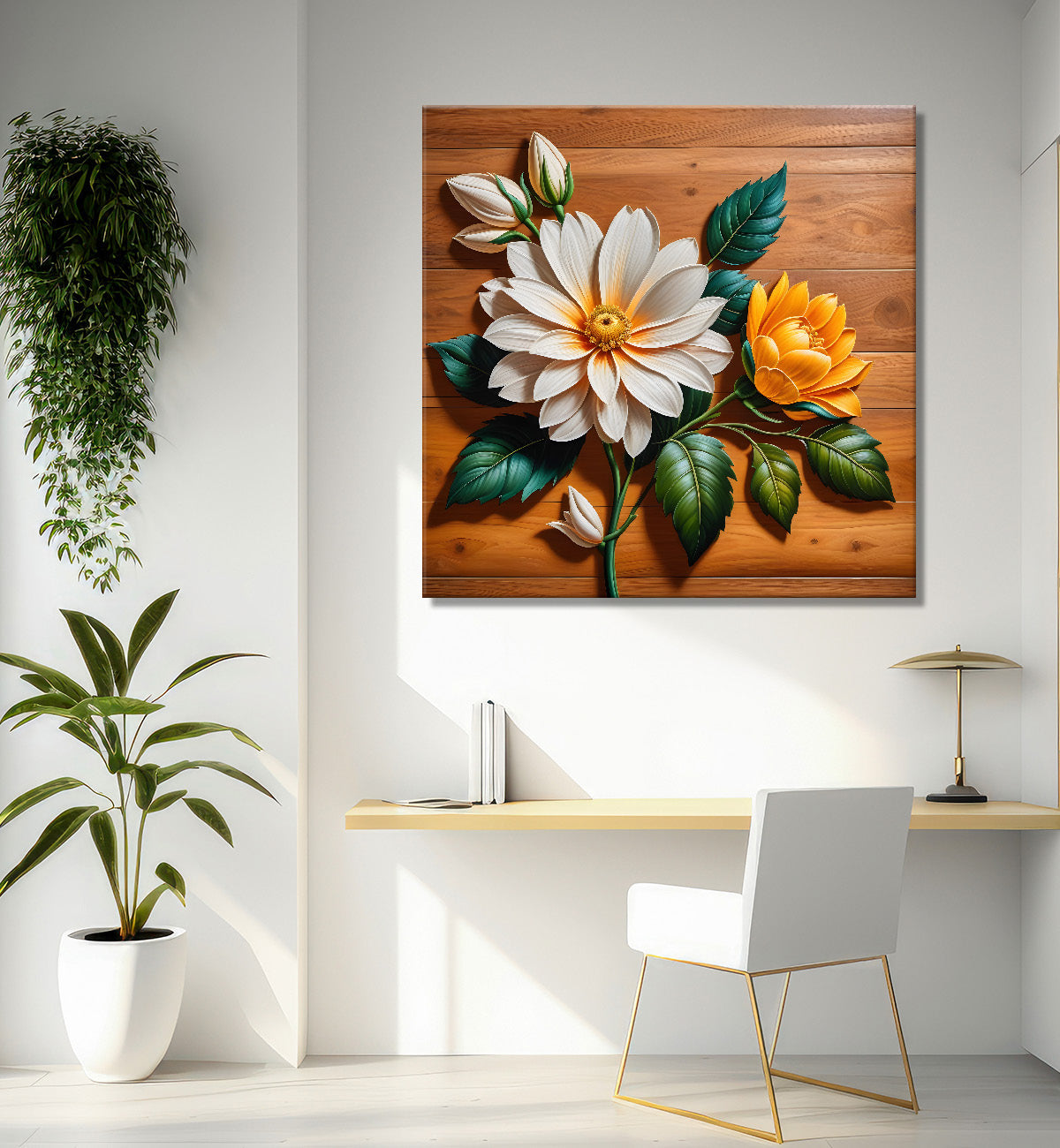 White and orange flower in brown background painting - Flower-S-310