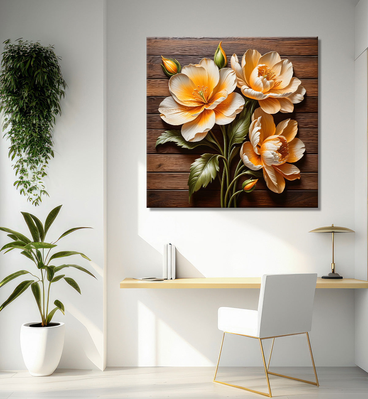 White and orange flower in brown background painting - Flower-S-311