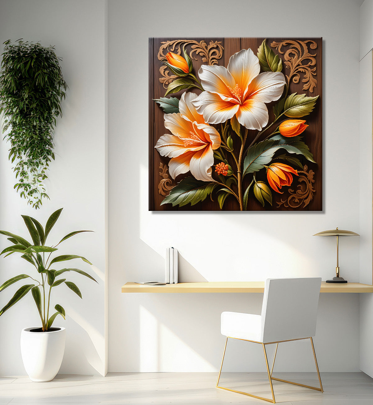 White flower in brown background painting - Flower-S-314