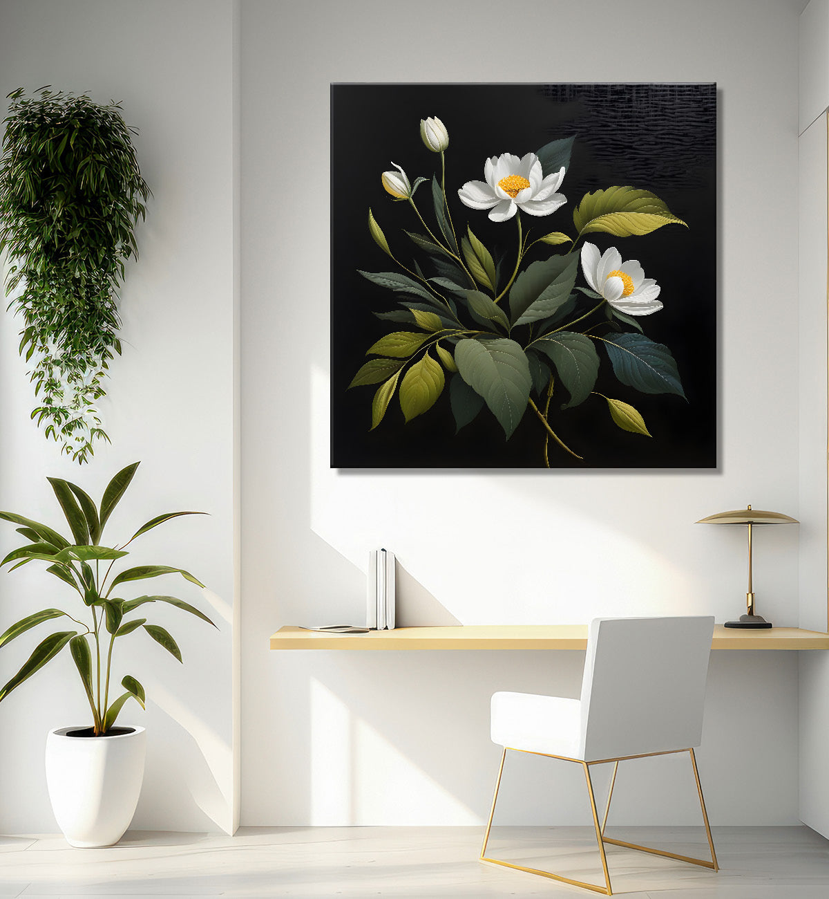 White flowers in black background painting- Flower-S-334