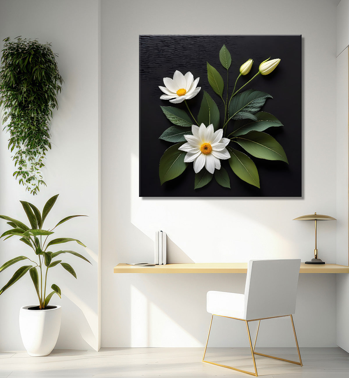 White flowers in black background painting Flower-S-337