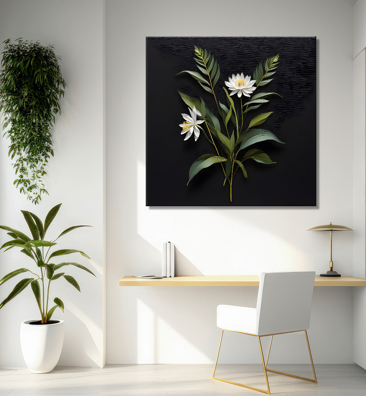White flowers in black background painting Flower-S-339