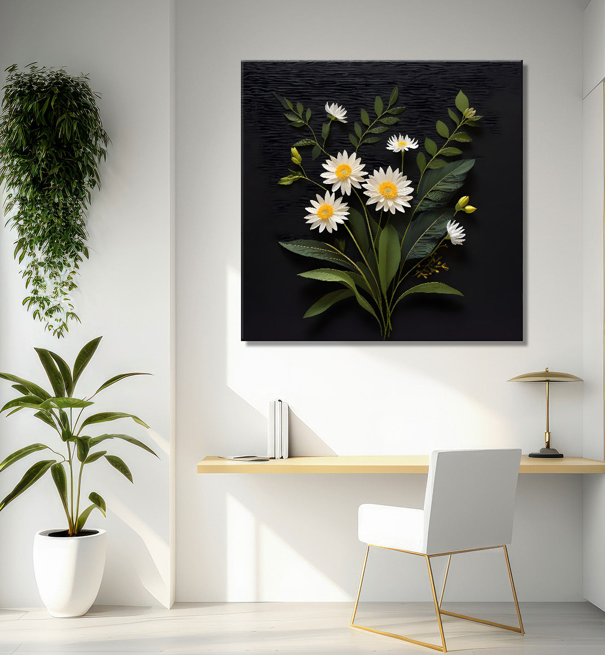 White flowers in black background painting Flower-S-342